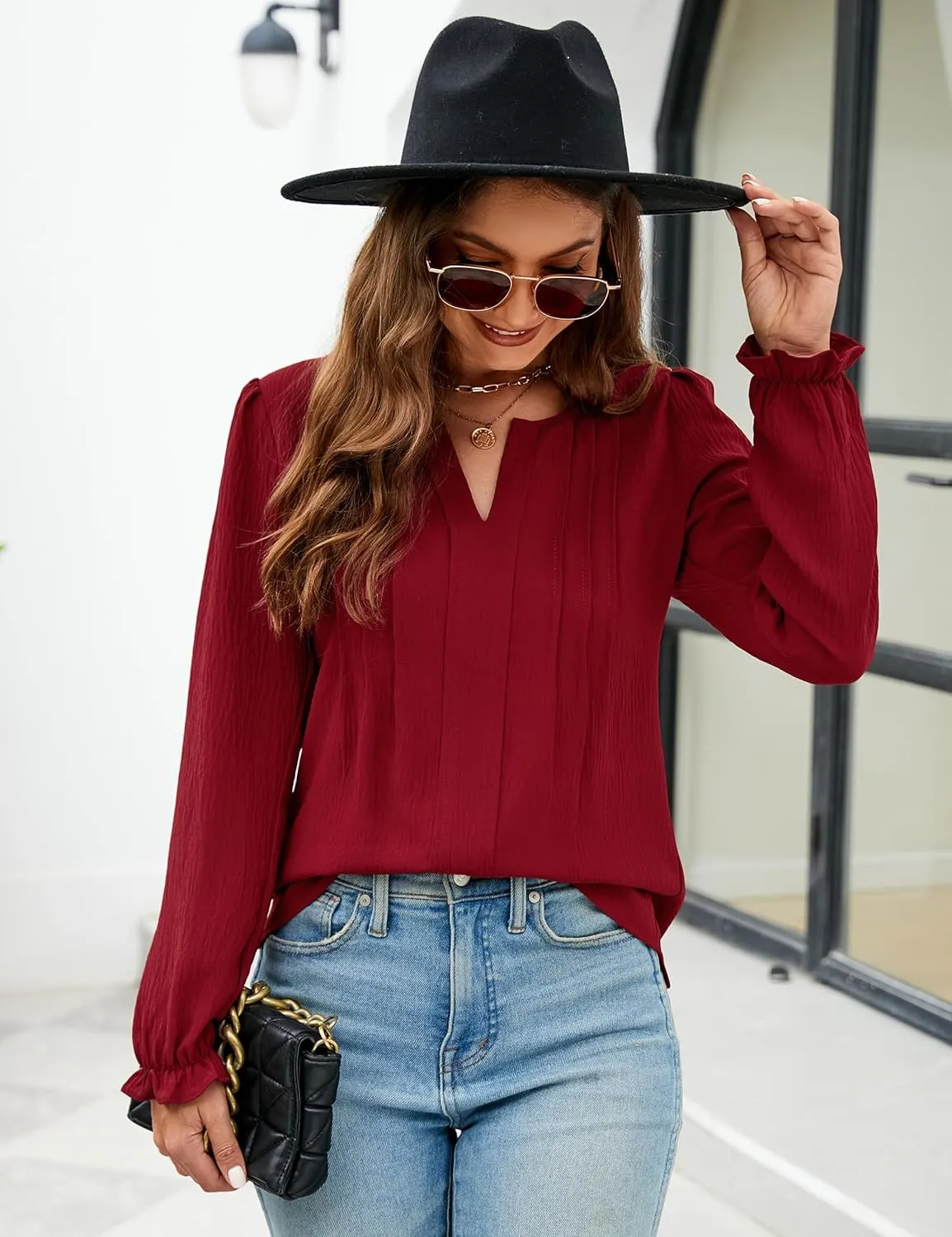 Blooming Jelly Womens Tops Dressy Casual Long Sleeve Shirts V Neck Chiffon Blouses Fall Clothes 2024