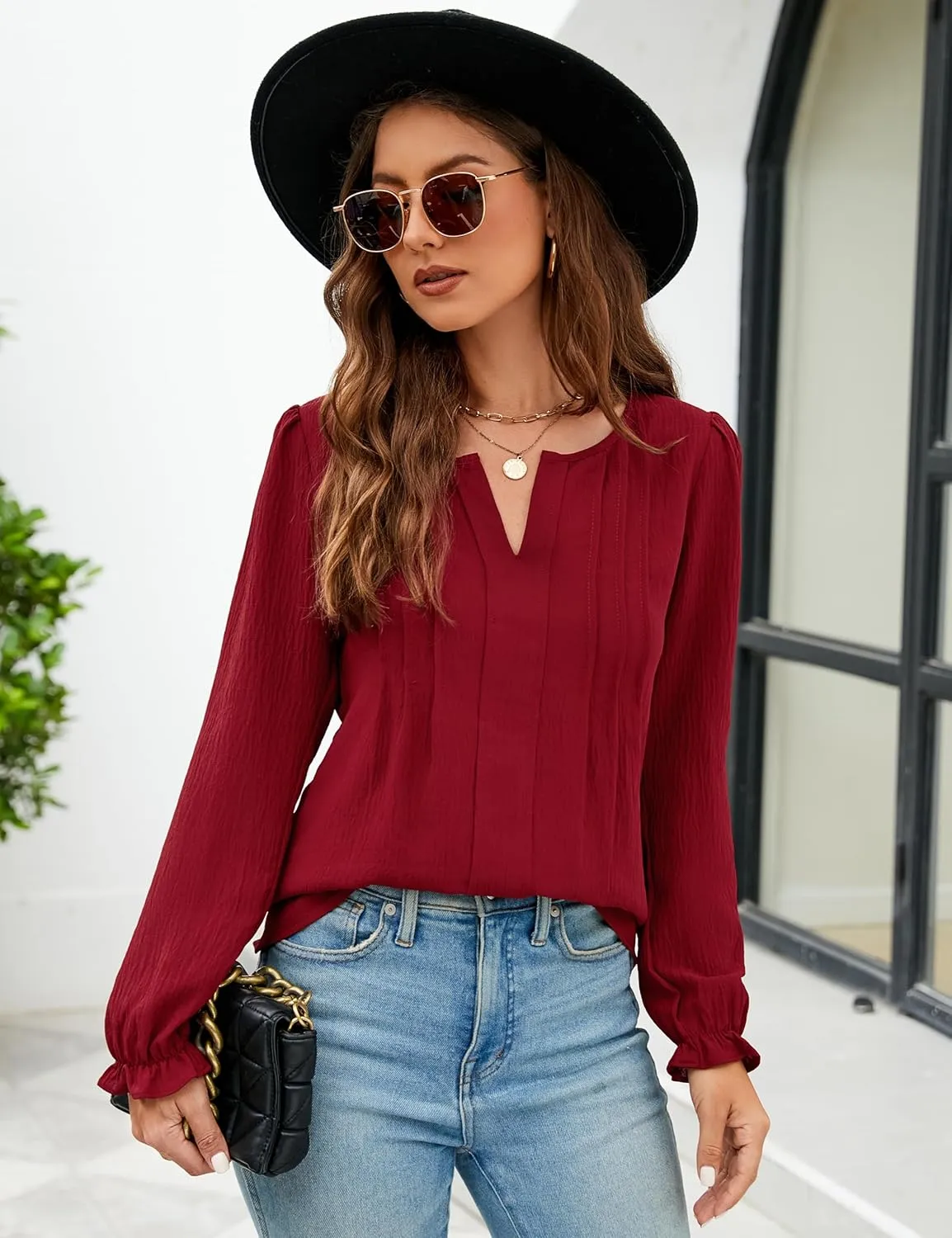 Blooming Jelly Womens Tops Dressy Casual Long Sleeve Shirts V Neck Chiffon Blouses Fall Clothes 2024