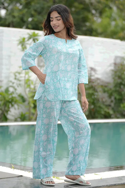 Blue Cotton Candy Block Printed Night Suit