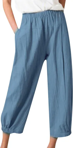 BOFETA Women Casual Cotton and Linen Pants Solid Color Cropped Trousers Elastic Waist Loose Pant