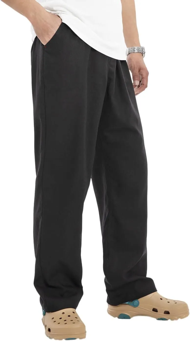 Bonnorth Men's Linen Loose Drawstring Elastic Waist Wide Leg Solid Casual Pants