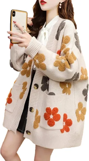 Bozanly Women's Cute Floral Embroidery Knit Cardigan Long Sleeve Loose Open Front Sweater Outerwear