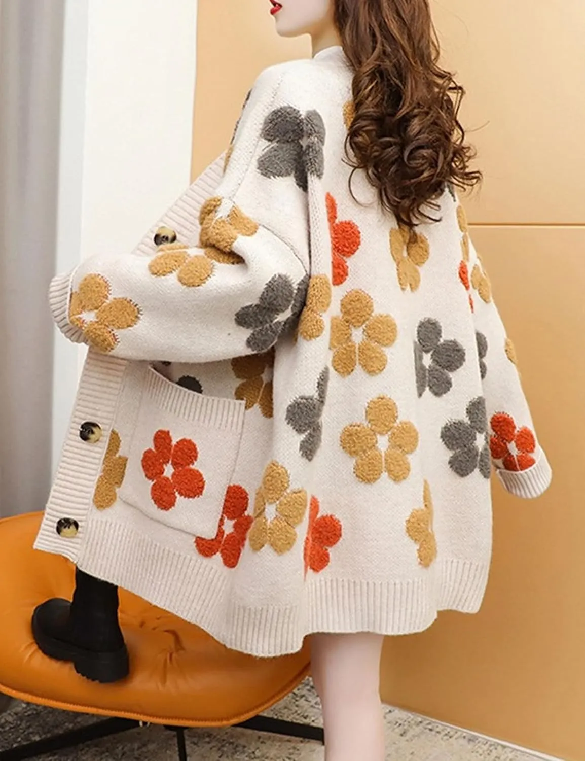Bozanly Women's Cute Floral Embroidery Knit Cardigan Long Sleeve Loose Open Front Sweater Outerwear