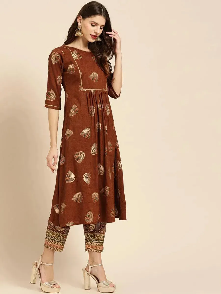 Brown Printed Rayon A-Line Kurta With Trousers