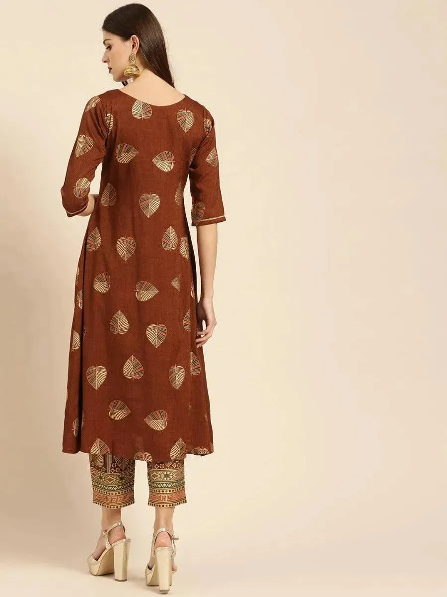 Brown Printed Rayon A-Line Kurta With Trousers