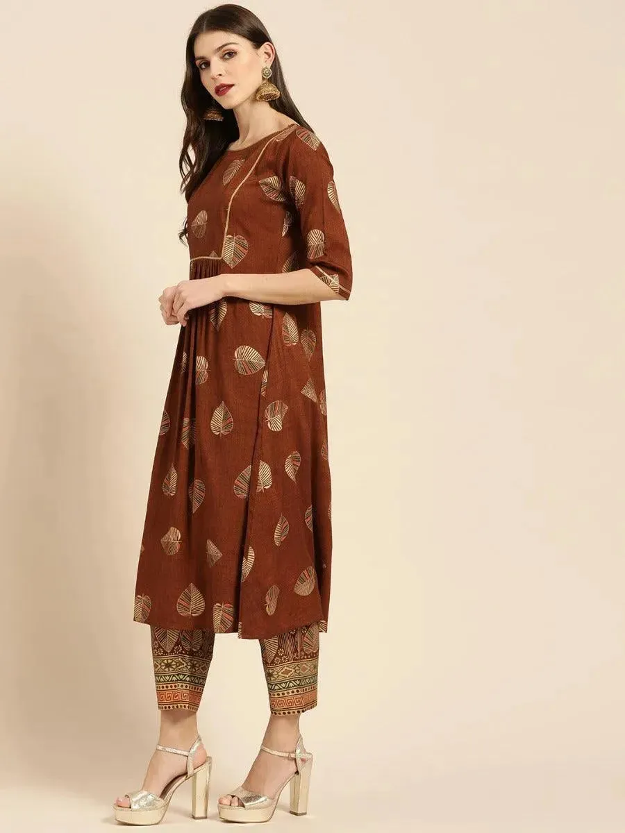 Brown Printed Rayon A-Line Kurta With Trousers
