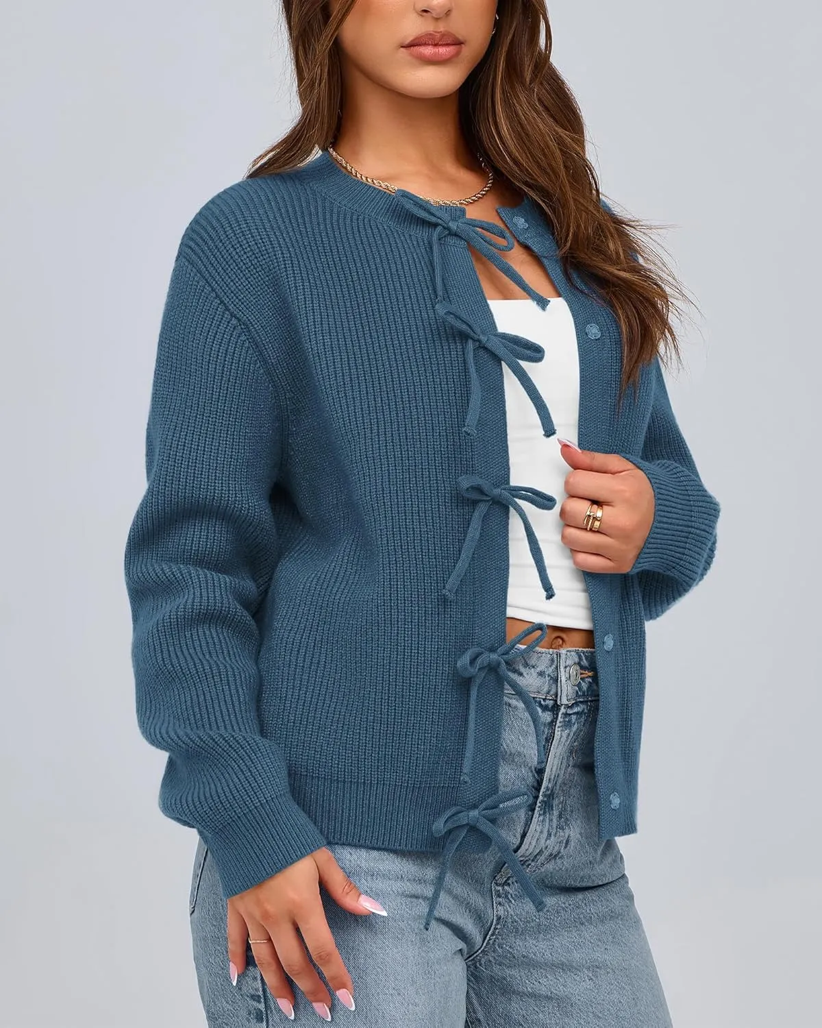BTFBM Cardigan Sweaters for Women Trendy 2025 Fall Open Front Long Sleeve Button Down Bow Knot Cropped Lady Jacket