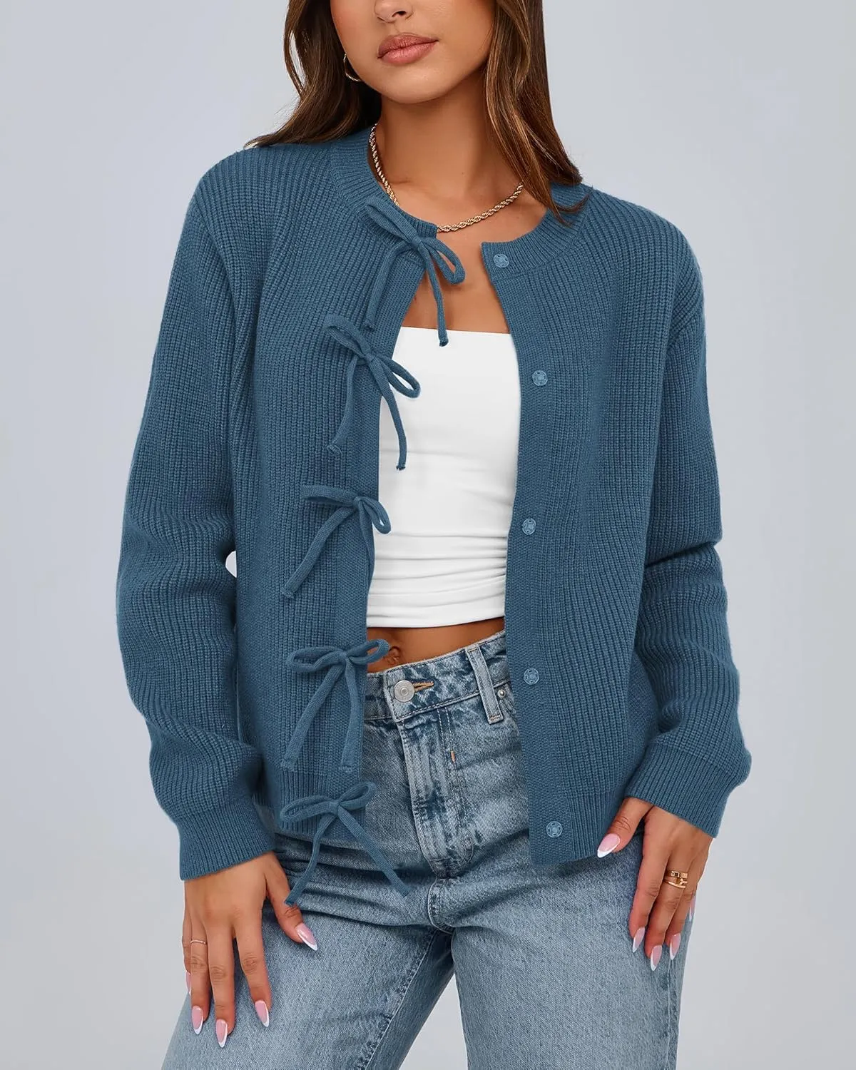 BTFBM Cardigan Sweaters for Women Trendy 2025 Fall Open Front Long Sleeve Button Down Bow Knot Cropped Lady Jacket