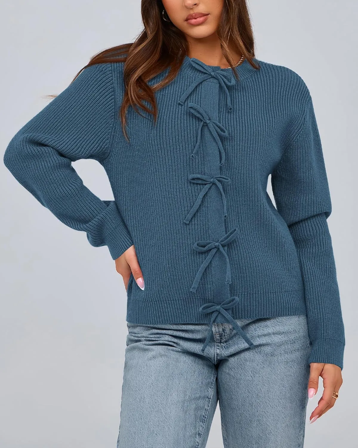BTFBM Cardigan Sweaters for Women Trendy 2025 Fall Open Front Long Sleeve Button Down Bow Knot Cropped Lady Jacket