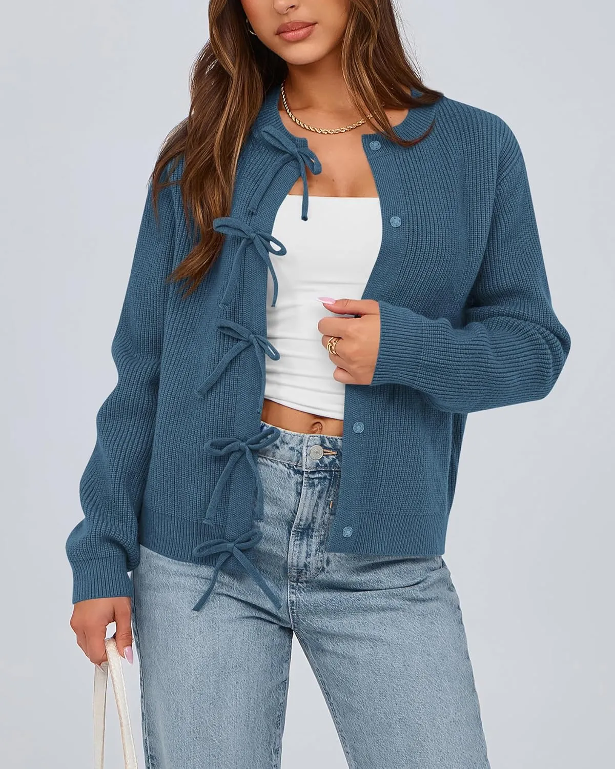 BTFBM Cardigan Sweaters for Women Trendy 2025 Fall Open Front Long Sleeve Button Down Bow Knot Cropped Lady Jacket