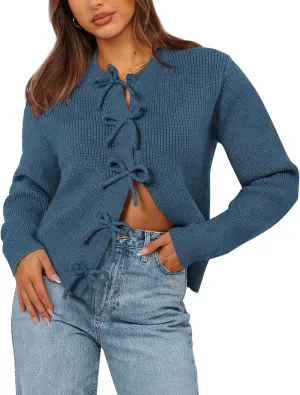 BTFBM Cardigan Sweaters for Women Trendy 2025 Fall Open Front Long Sleeve Button Down Bow Knot Cropped Lady Jacket