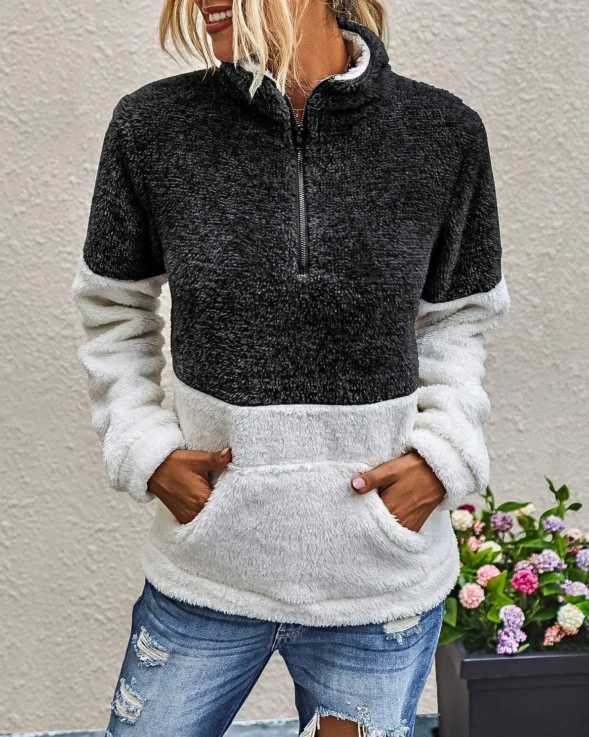 BTFBM Women Sherpa Pullover Quarter Zip Long Sleeve Fluffy Soft Fleece Jackets Sweaters Sweatshirts Hoodies Outwear Coat