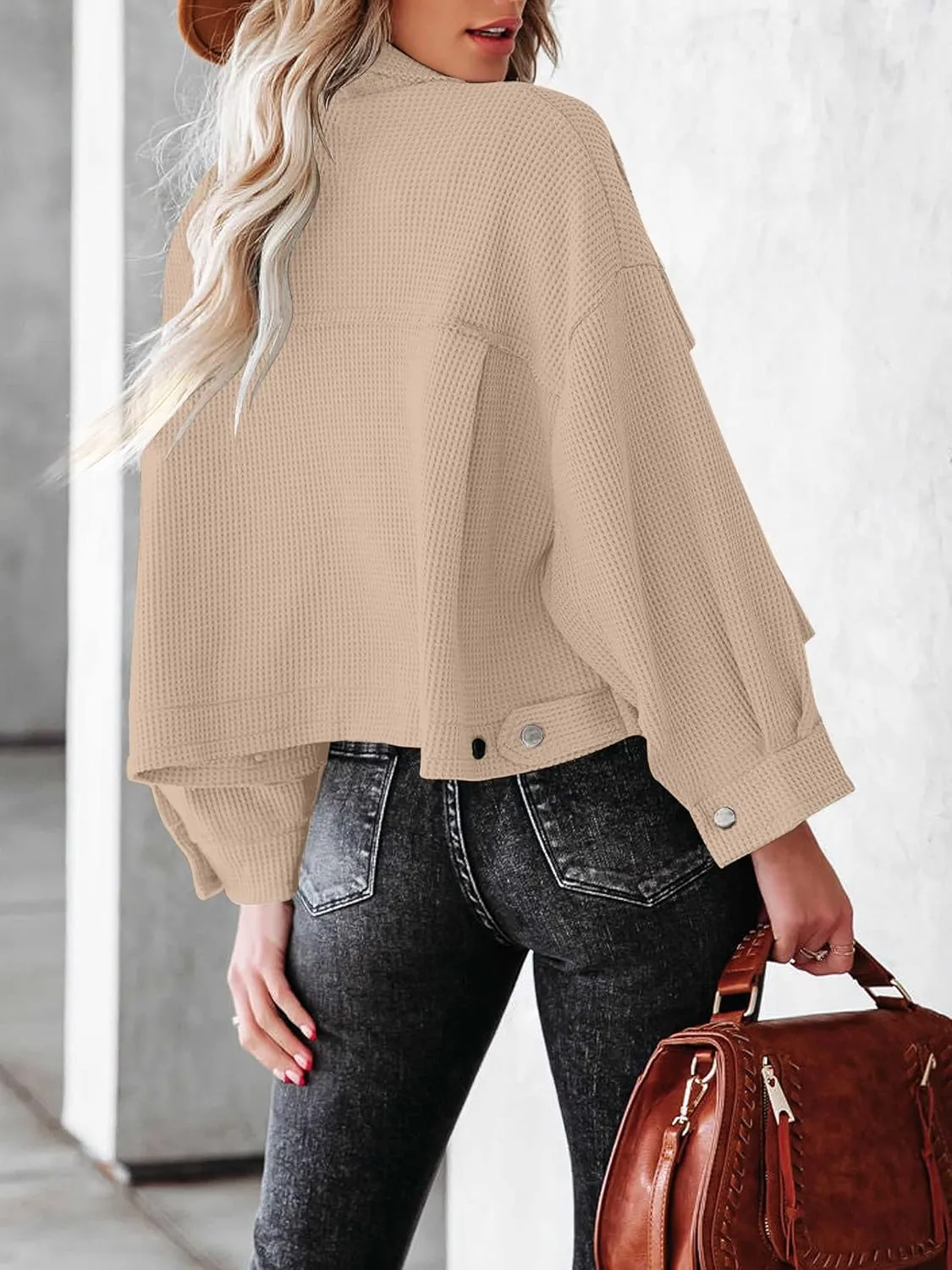 BZB Womens Waffle Knit Shacket Jackets Lightweight Cropped Shacket Long Sleeve Button Down Shirts
