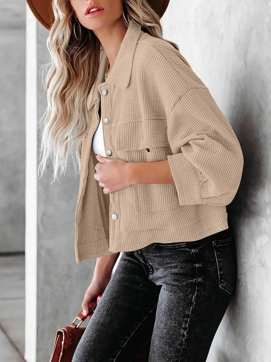 BZB Womens Waffle Knit Shacket Jackets Lightweight Cropped Shacket Long Sleeve Button Down Shirts