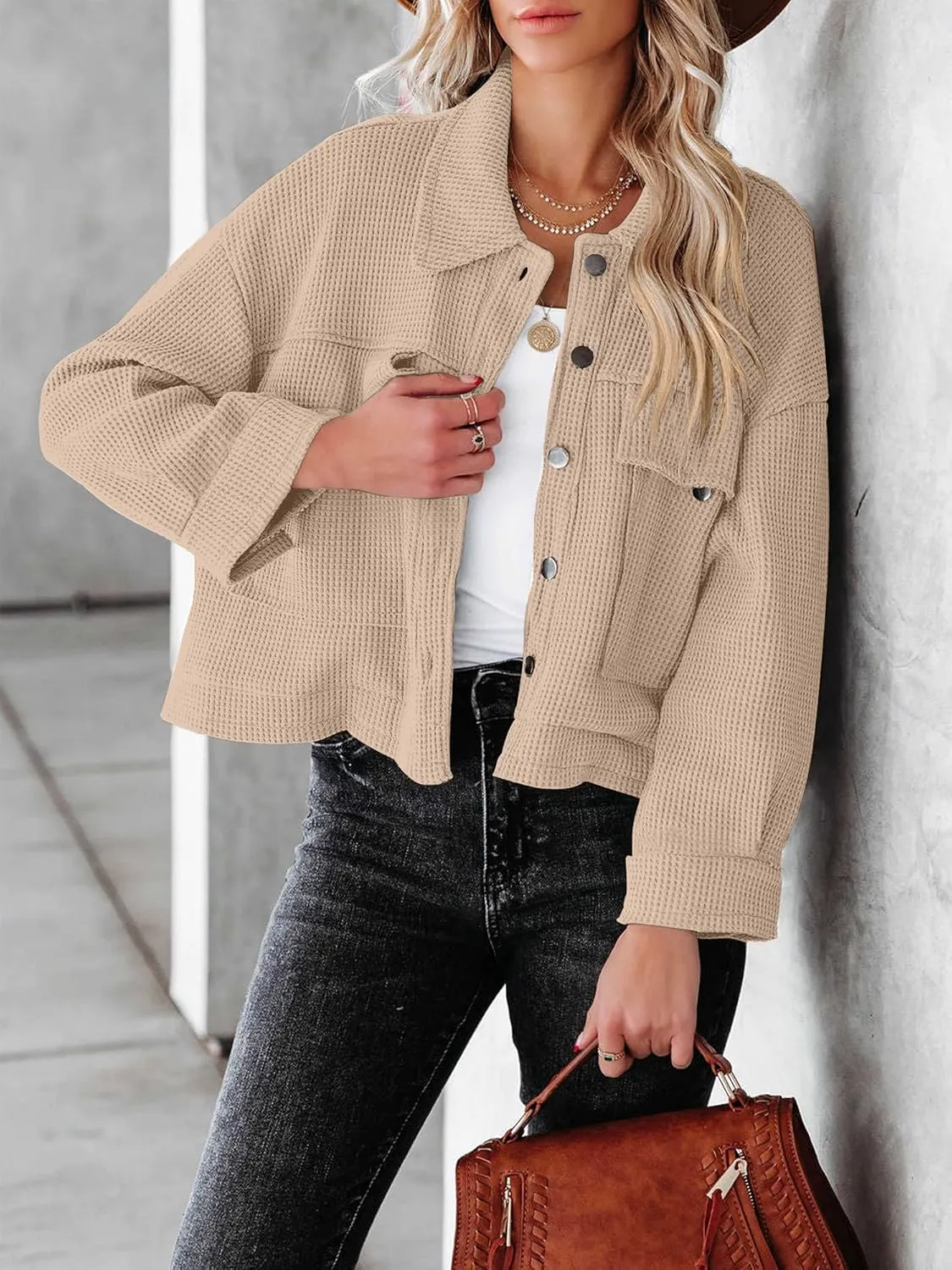 BZB Womens Waffle Knit Shacket Jackets Lightweight Cropped Shacket Long Sleeve Button Down Shirts