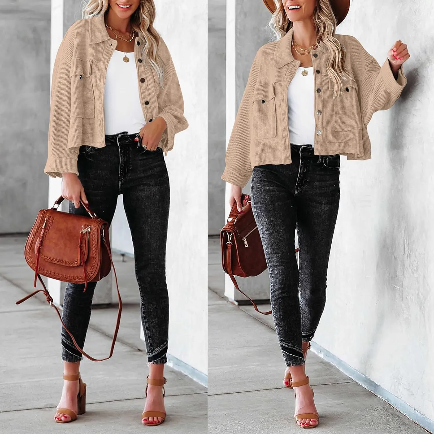 BZB Womens Waffle Knit Shacket Jackets Lightweight Cropped Shacket Long Sleeve Button Down Shirts
