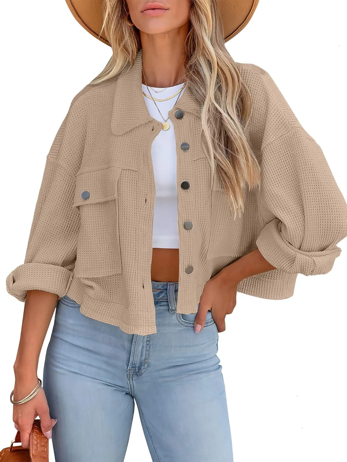 BZB Womens Waffle Knit Shacket Jackets Lightweight Cropped Shacket Long Sleeve Button Down Shirts