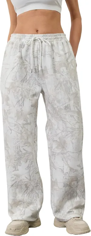 Camo Pants Women Baggy Fleece Y2K Camouflage Cargo Pants High Waisted Wide Leg Drawstring Jogger Sweatpants