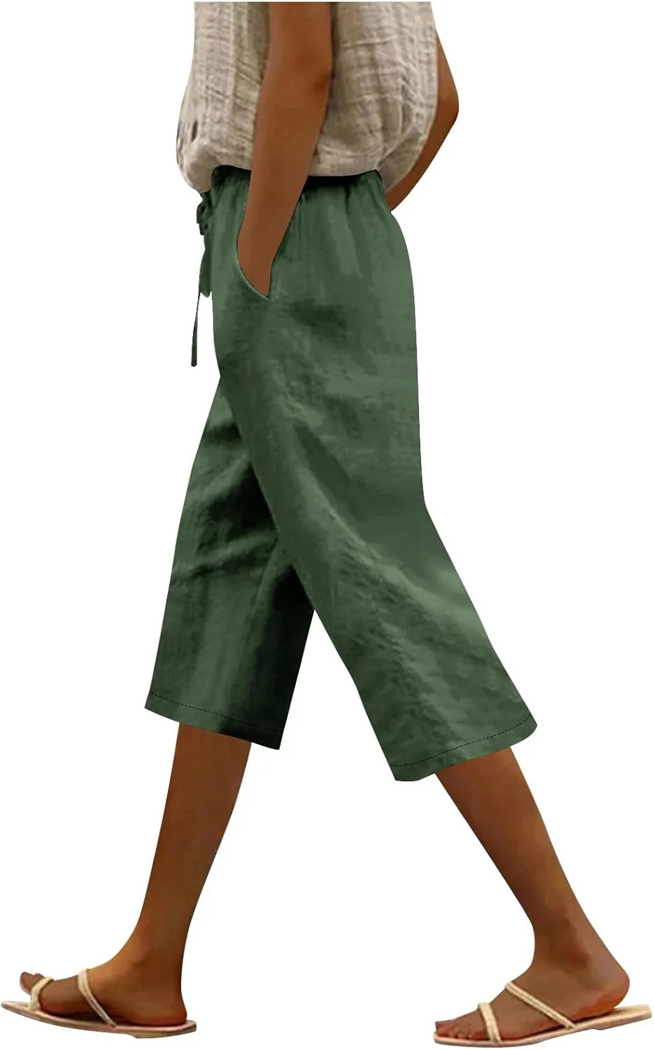 Capri Pants for Women Casual Summer Cotton Linen Capris Elastic High Waist Pants Wide Leg Cropped Trousers