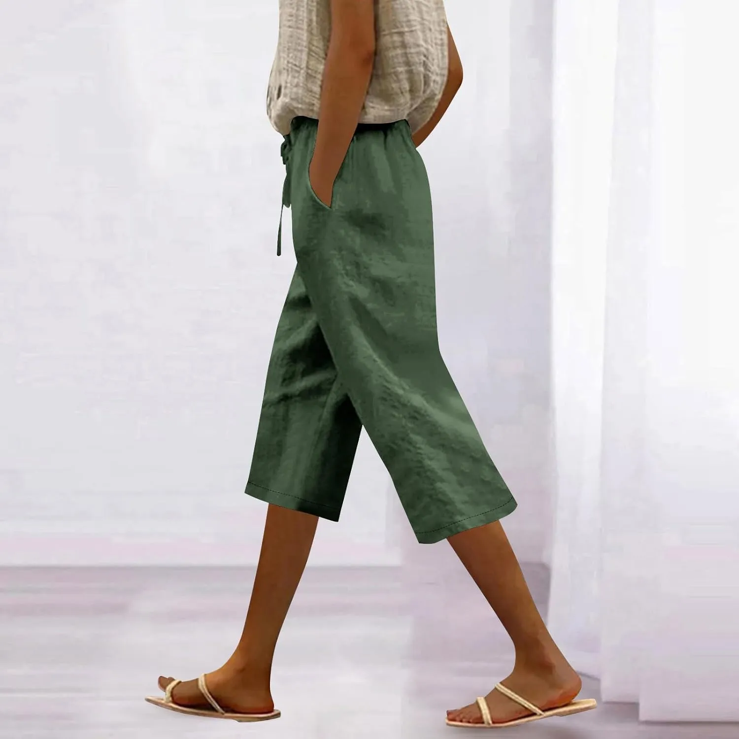 Capri Pants for Women Casual Summer Cotton Linen Capris Elastic High Waist Pants Wide Leg Cropped Trousers
