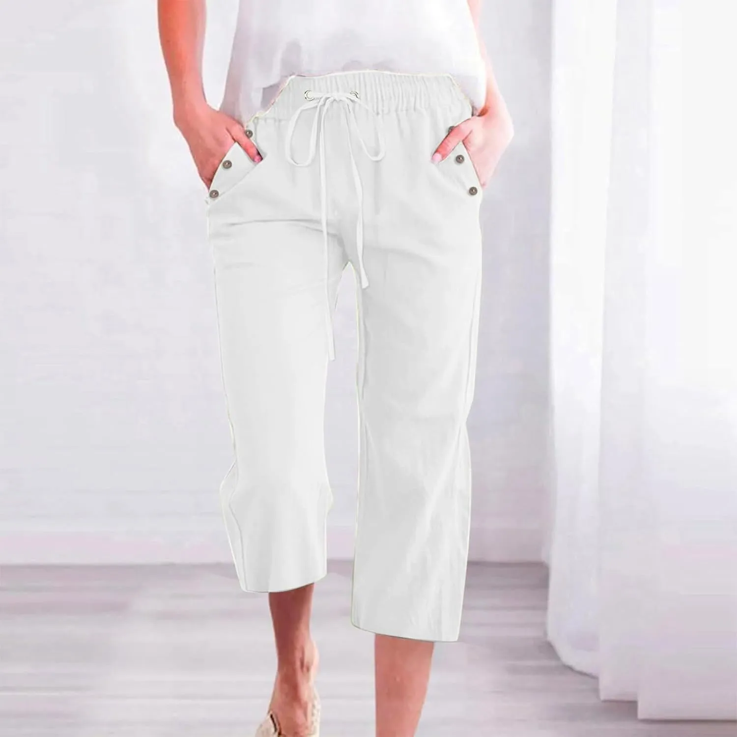 Capris Pants for Women Plus Size Cotton Linen Casual Summer Wide Leg Loose Drawstring Elastic Waist Cropped Trouser