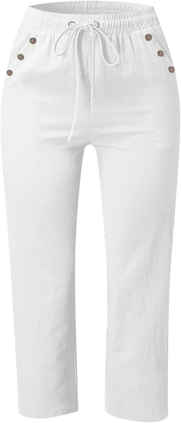 Capris Pants for Women Plus Size Cotton Linen Casual Summer Wide Leg Loose Drawstring Elastic Waist Cropped Trouser