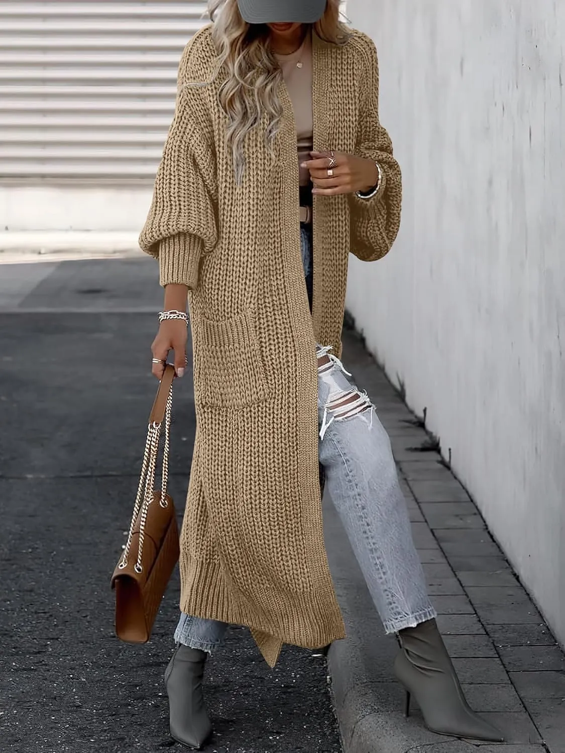 Caracilia Women Cardigan Sweaters Long Sleeve Open Front Knit Long Coat Duster Cozy 2025 Fall Winter Outfits with Pockets