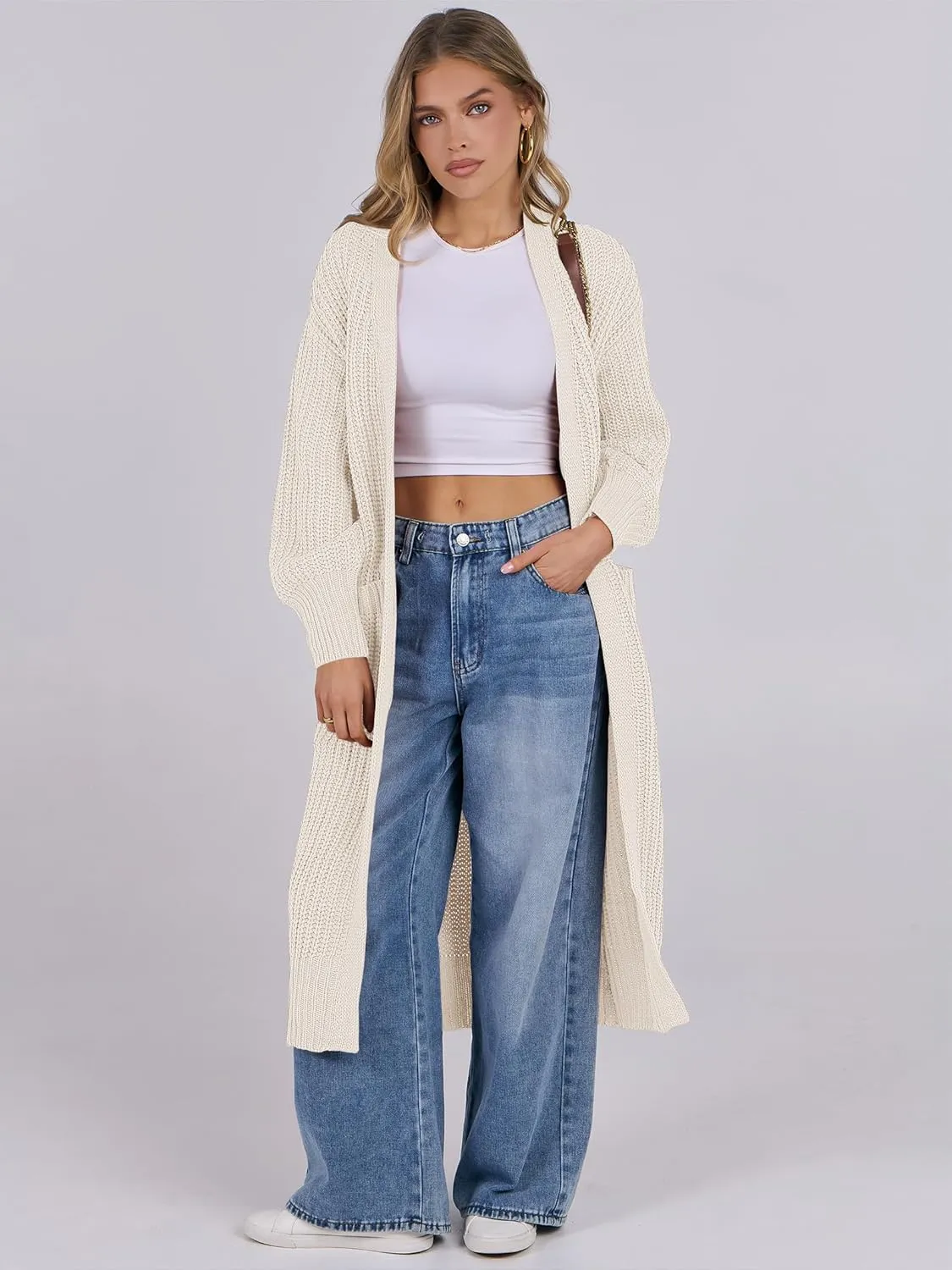 Caracilia Women Cardigan Sweaters Long Sleeve Open Front Knit Long Coat Duster Cozy 2025 Fall Winter Outfits with Pockets