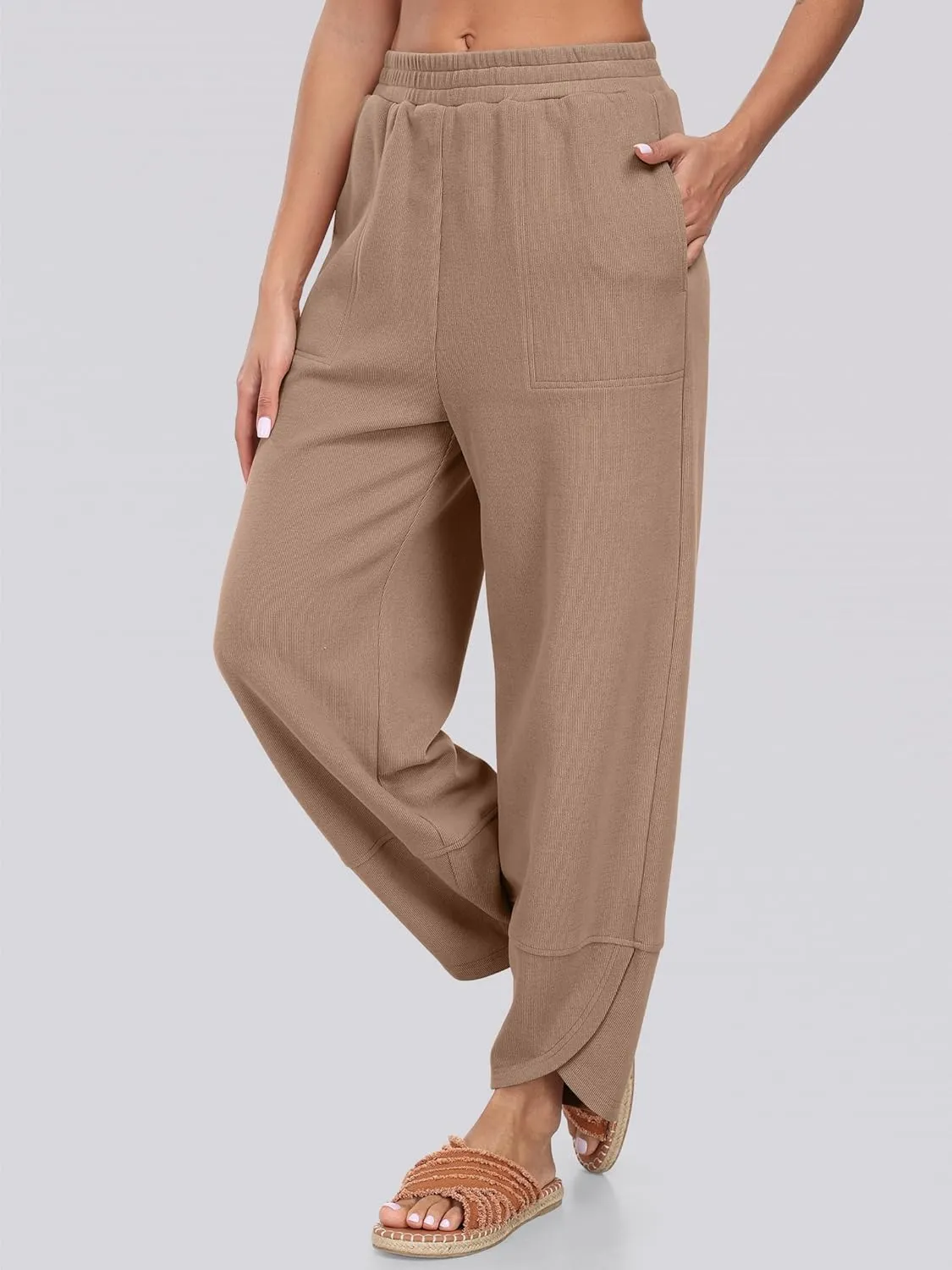 Caracilia Women Wide Leg Pants Casual Elastic Waist Loose Baggy Harem Comfy Beach Lounge Sweatpants with Pockets