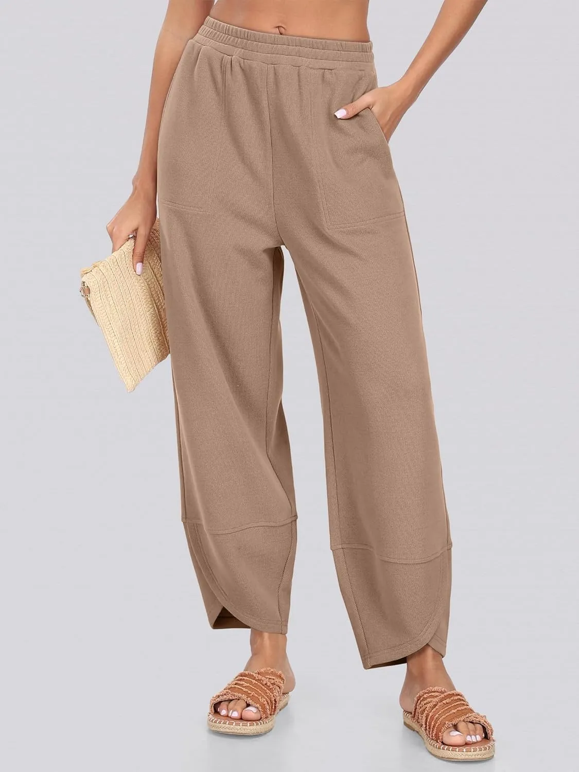 Caracilia Women Wide Leg Pants Casual Elastic Waist Loose Baggy Harem Comfy Beach Lounge Sweatpants with Pockets