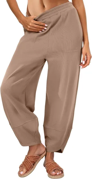 Caracilia Women Wide Leg Pants Casual Elastic Waist Loose Baggy Harem Comfy Beach Lounge Sweatpants with Pockets