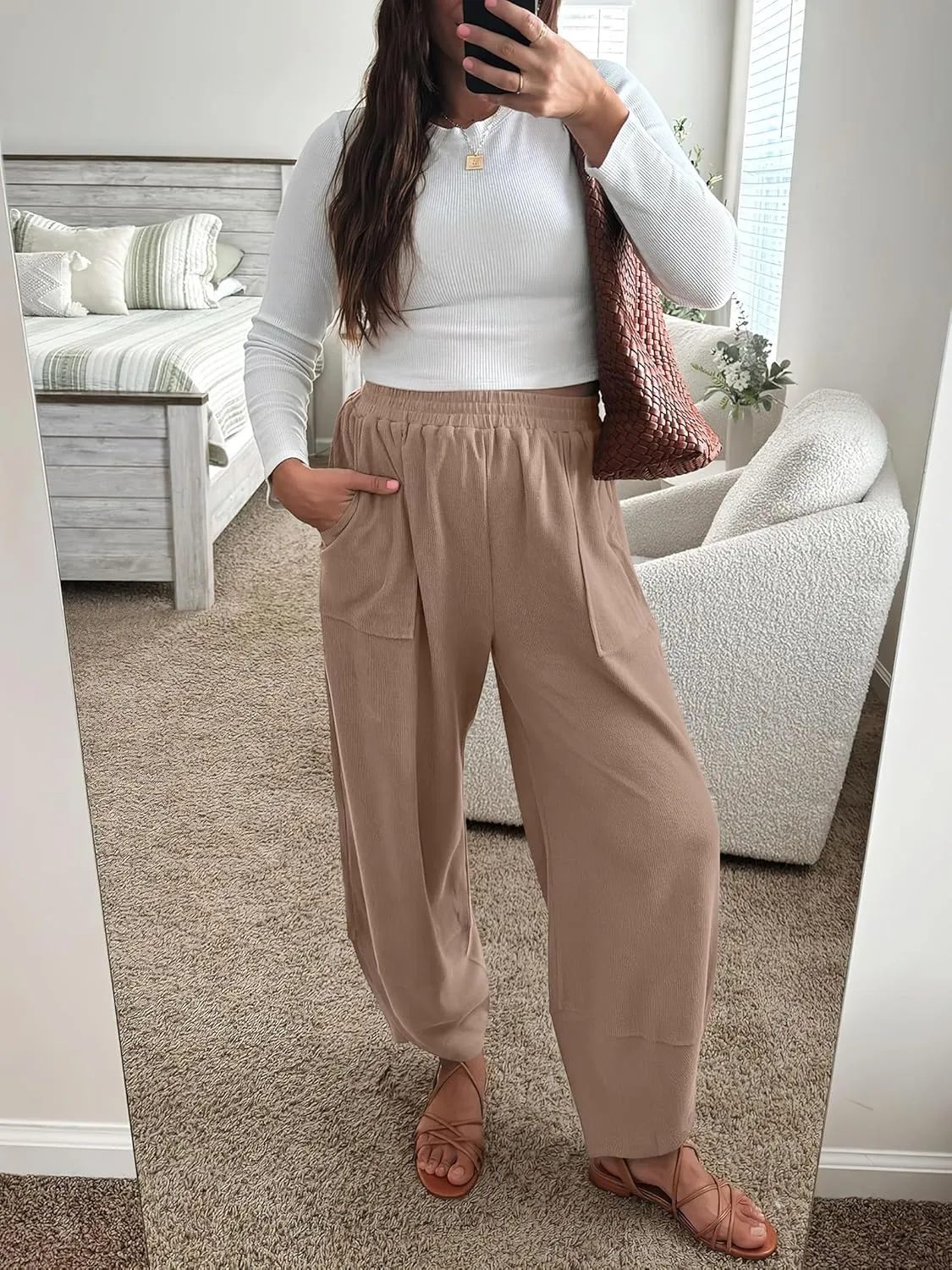 Caracilia Women Wide Leg Pants Casual Elastic Waist Loose Baggy Harem Comfy Beach Lounge Sweatpants with Pockets