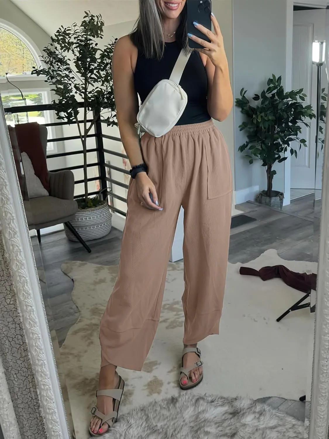 Caracilia Women Wide Leg Pants Casual Elastic Waist Loose Baggy Harem Comfy Beach Lounge Sweatpants with Pockets