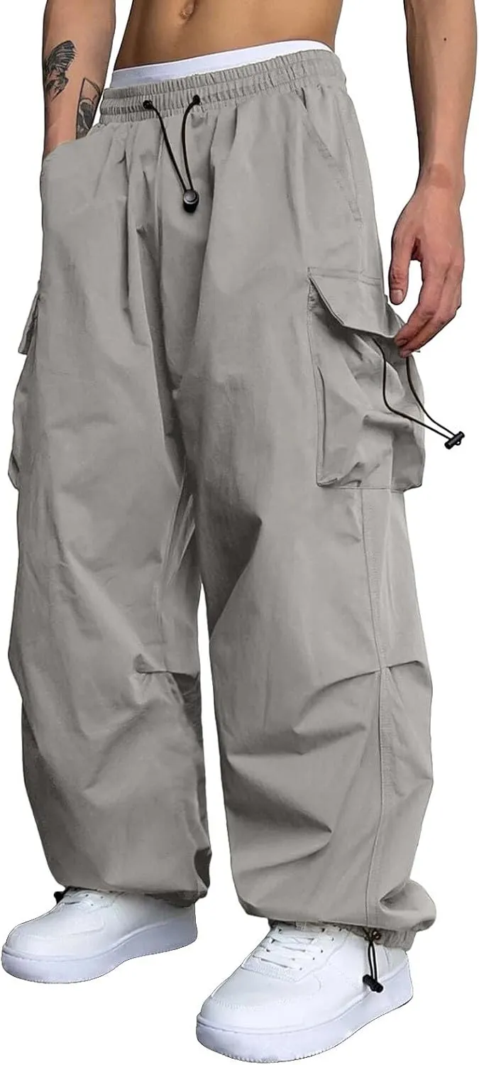 Cargo Pants Men Loose Fit Wide Leg Casual Joggers Elastic Waist Drawstring Outdoor Pants with Pockets