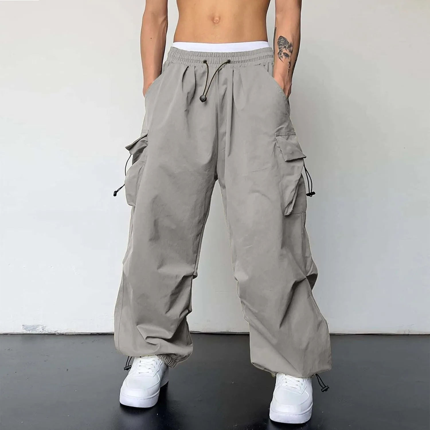 Cargo Pants Men Loose Fit Wide Leg Casual Joggers Elastic Waist Drawstring Outdoor Pants with Pockets
