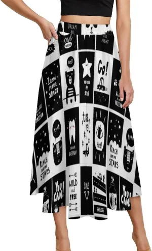 Casual Anime Plaids Printed Midi Skirt High Elastic Waist Ruffling Flowy Summer Skirts