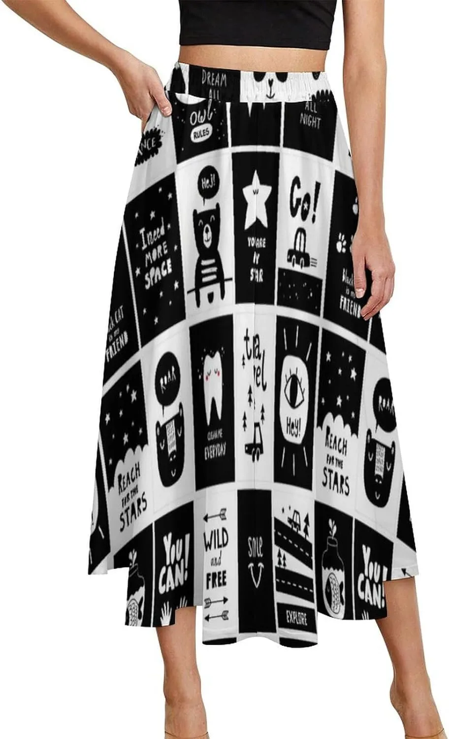 Casual Anime Plaids Printed Midi Skirt High Elastic Waist Ruffling Flowy Summer Skirts