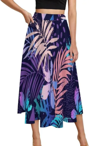 Casual Colorful Leaves Print Midi Skirts High Elastic Waist Pleated Bohemia Office Skirts