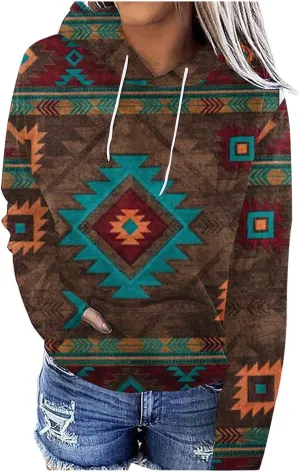 Ceboyel Women Western Aztec Hoodies Fashion Sweatshirt Pullover Ethnic Vintage Graphic Shirts Tops Causal Fall Clothes