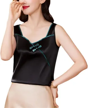 Chinese Style Women Silk Satin Tank Tops Sleeveless Vest Shirt Patchwork Square Neck Camisole