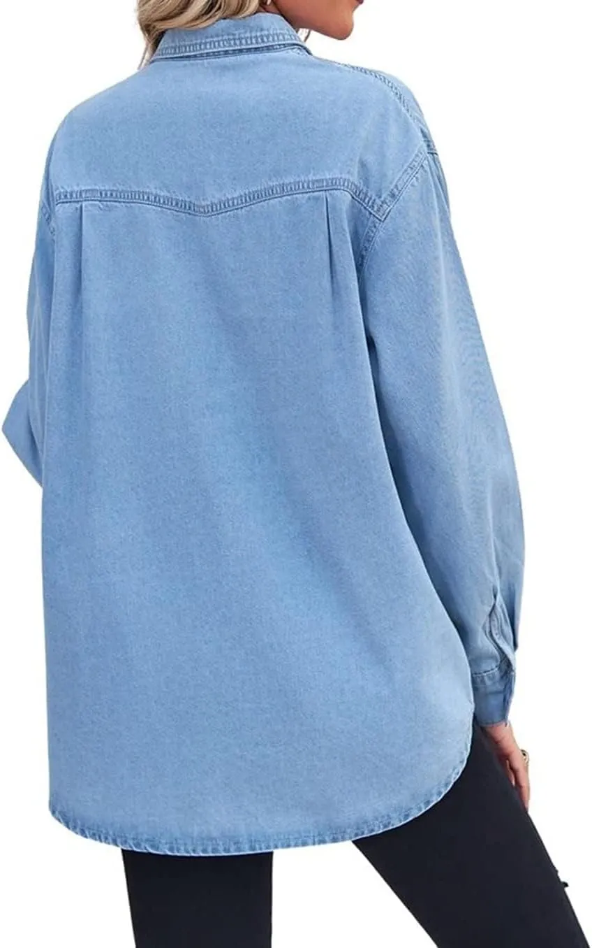 chouyatou Women's Spring Long Sleeve Denim Jean Shirts Button Down Shirt Business Casual Tops