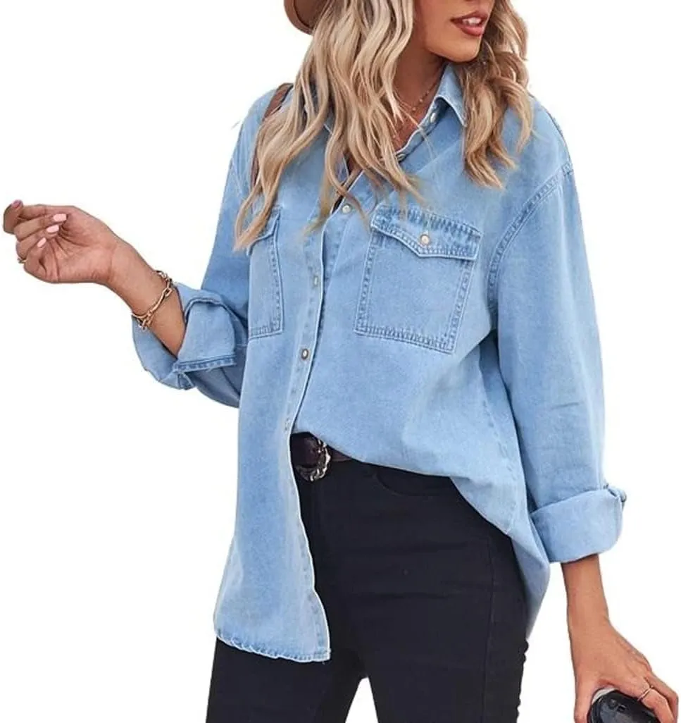 chouyatou Women's Spring Long Sleeve Denim Jean Shirts Button Down Shirt Business Casual Tops