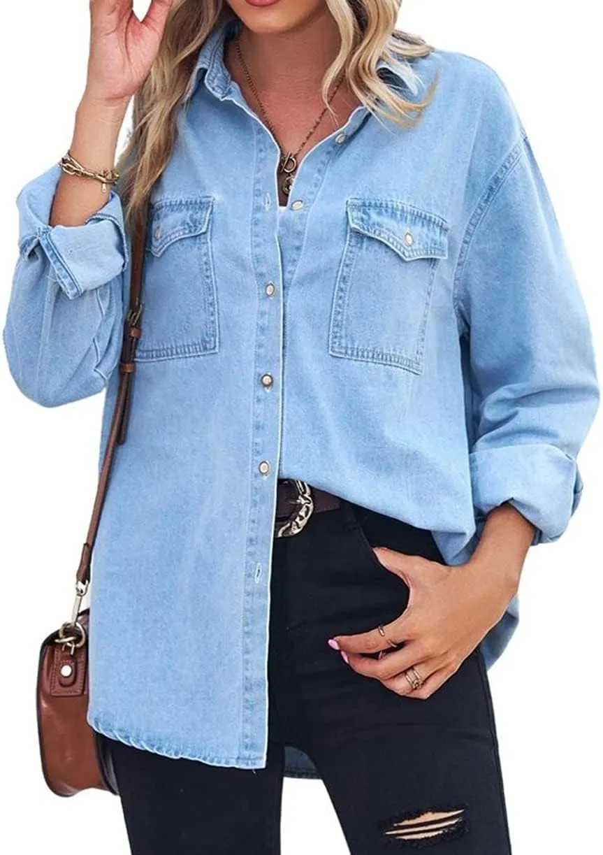 chouyatou Women's Spring Long Sleeve Denim Jean Shirts Button Down Shirt Business Casual Tops
