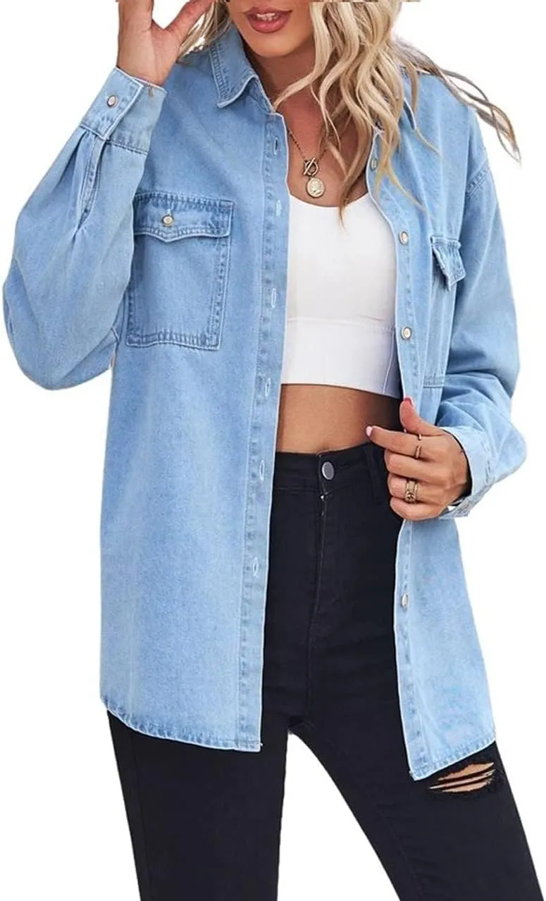 chouyatou Women's Spring Long Sleeve Denim Jean Shirts Button Down Shirt Business Casual Tops