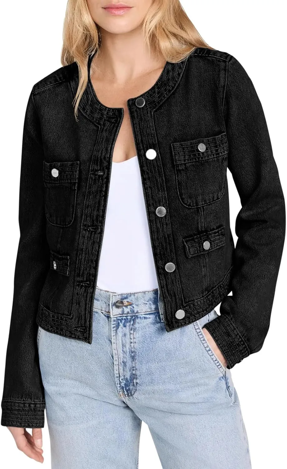 Cicy Bell Womens Cropped Denim Jackets Shirts Dressy Casual Shackets Collarless Button Down Long Sleeve Jean Coats