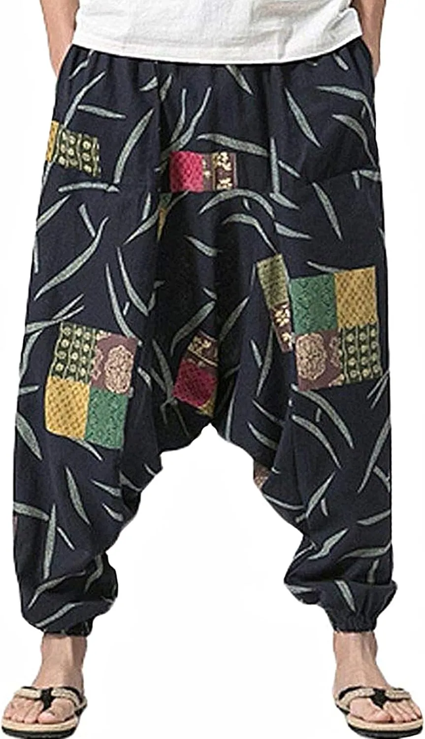 CLANMILUMS Men Women Harem Pants Elastic Drawstring Waist Loose Fit Hippie Boho Aladin Yoga Pants