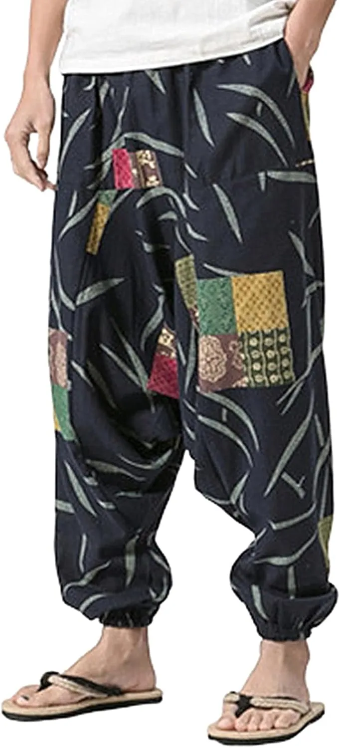 CLANMILUMS Men Women Harem Pants Elastic Drawstring Waist Loose Fit Hippie Boho Aladin Yoga Pants