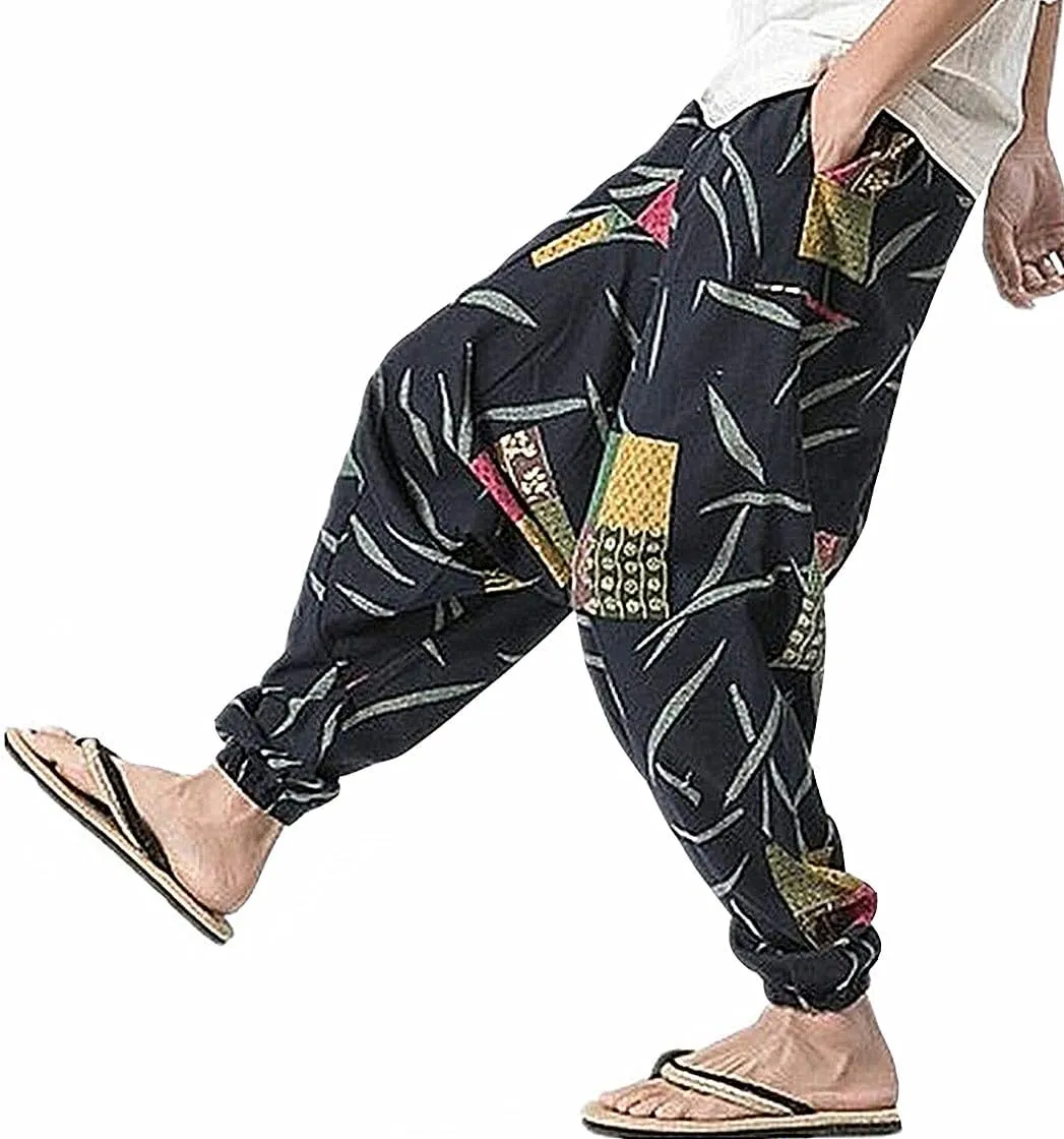 CLANMILUMS Men Women Harem Pants Elastic Drawstring Waist Loose Fit Hippie Boho Aladin Yoga Pants