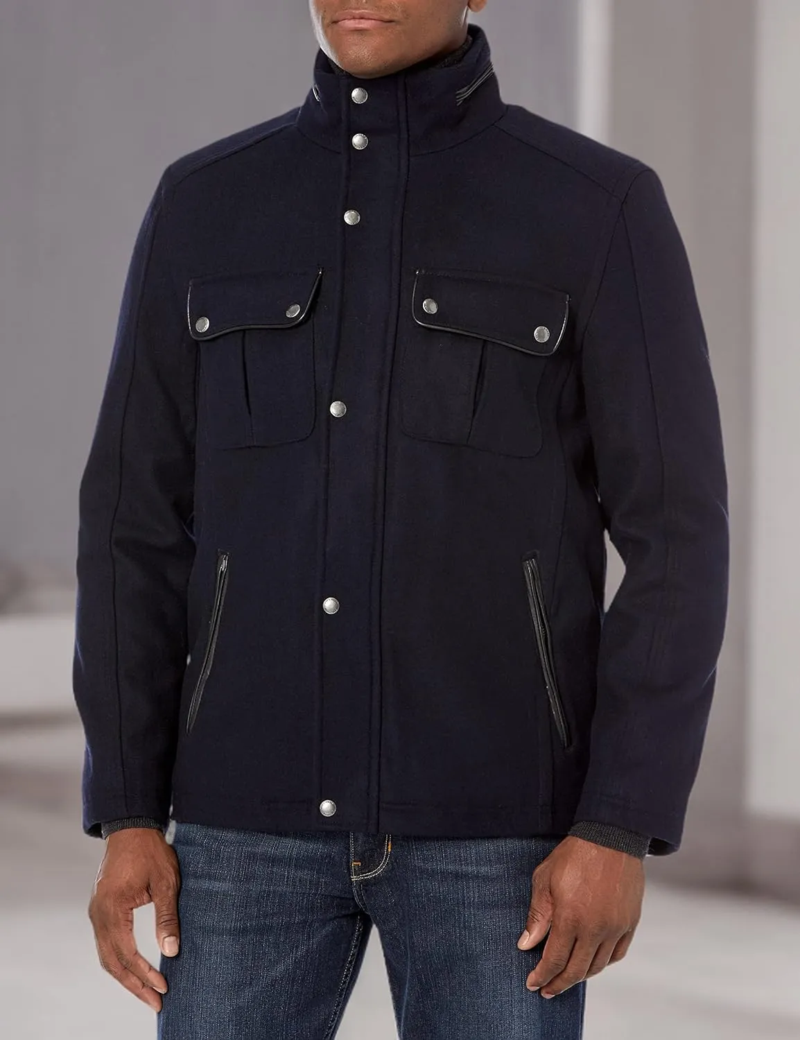 Cole Haan Men's Wool Melton Stand Collar Jacket with Patch Pockets