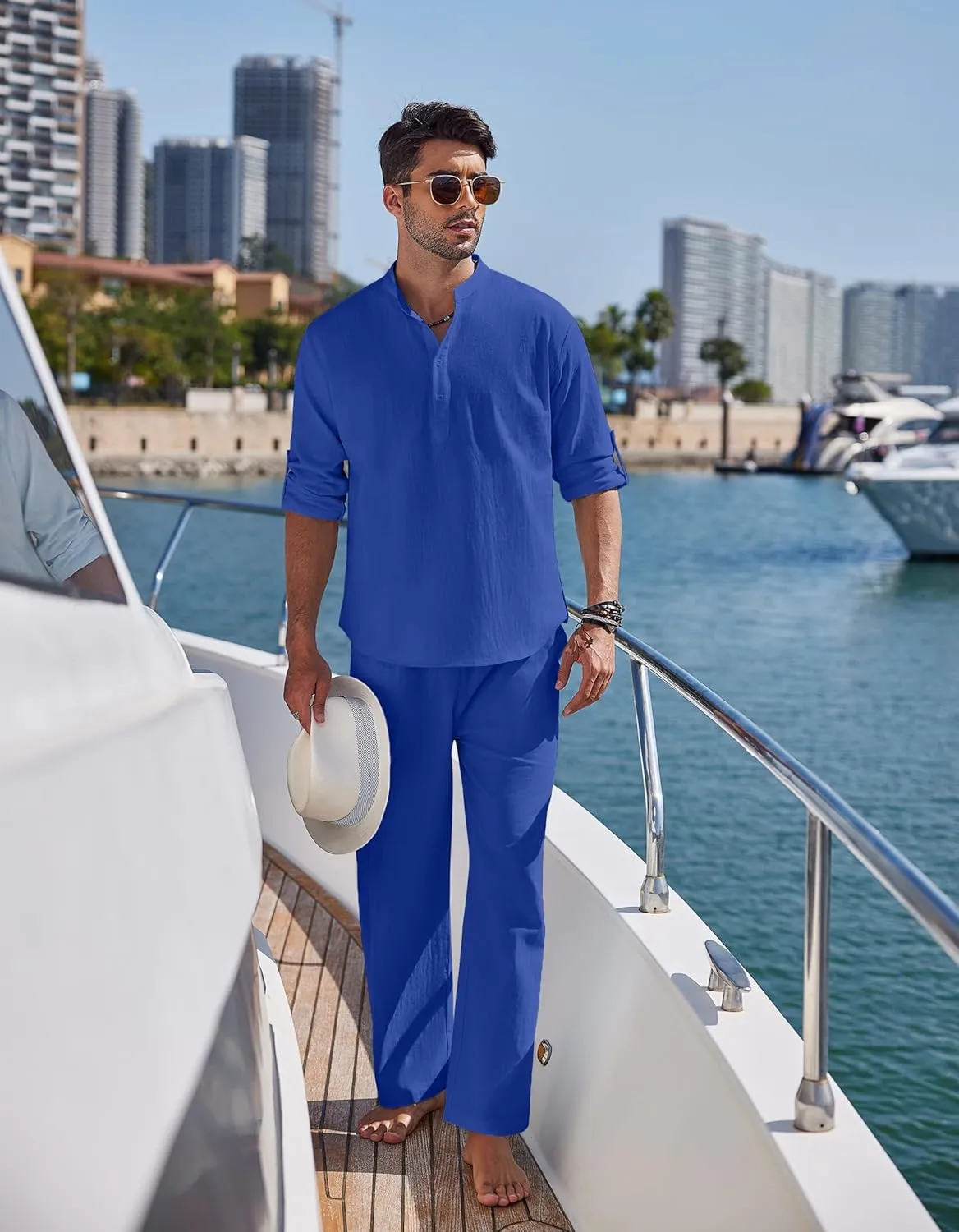 COOFANDY Men's 2 Pieces Cotton Linen Set Long Sleeve Henley Shirts Casual Beach Pants With Pockets Summer Yoga Outfits